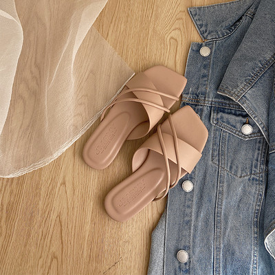 Γυναικείες τετράγωνες έκο δερμάτινες παντόφλες από συνθετική γούνα