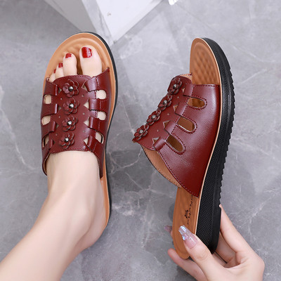 Γυναικείες φλοράλ έκο δερμάτινες παντόφλες με επίπεδη σόλα