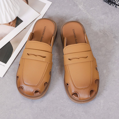 Ženske zatvorene papuče od eko kože sa ravnim đonom novi model