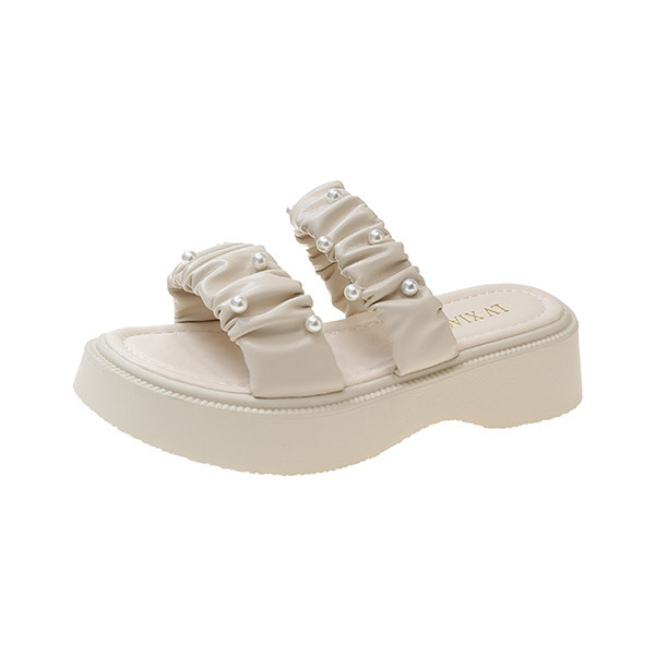 Γυναικείες παντόφλες από οικολογικό δέρμα με ψηλή σόλα 5 cm και πέρλες