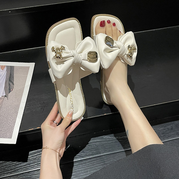 Γυναικείες casual παντόφλες με κορδέλα - λευκό και κίτρινο χρώμα