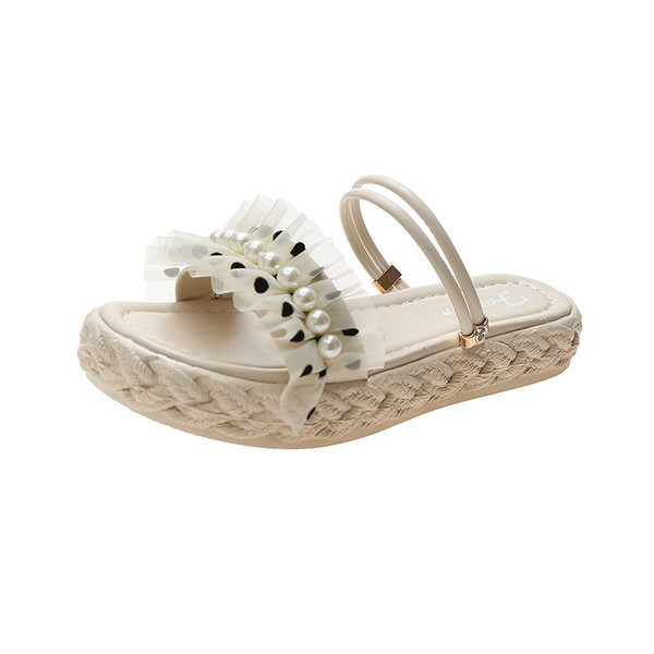 Ženske papuče od eko kože s perlama i ravnim potplatom