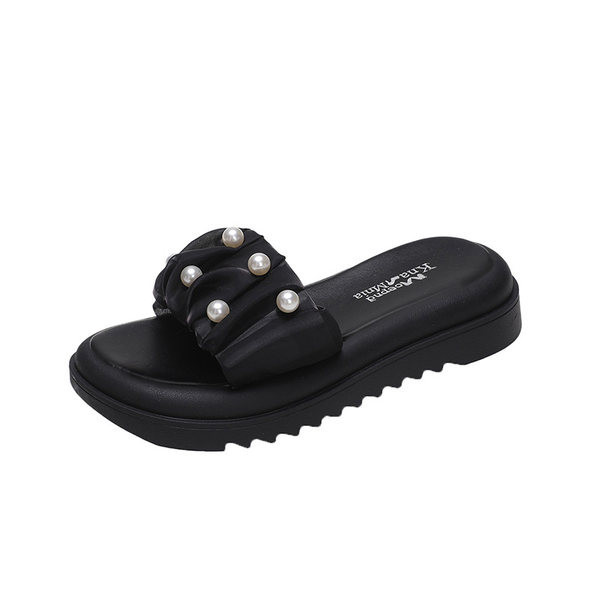 Casual παντόφλες με σόλα ύψους 5cm και διακόσμηση με πέρλες