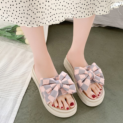 Γυναικείες casual παντόφλες με υφασμάτινες τιράντες με κορδέλα