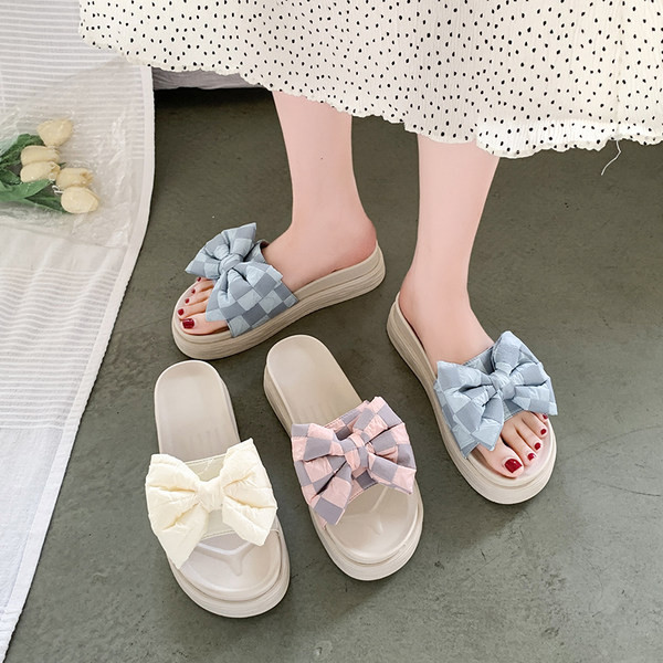 Γυναικείες casual παντόφλες με υφασμάτινες τιράντες με κορδέλα