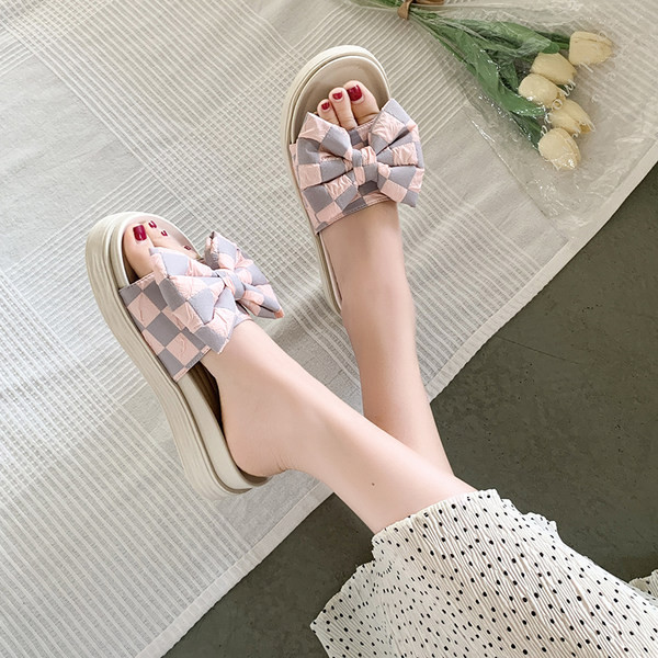 Γυναικείες casual παντόφλες με υφασμάτινες τιράντες με κορδέλα