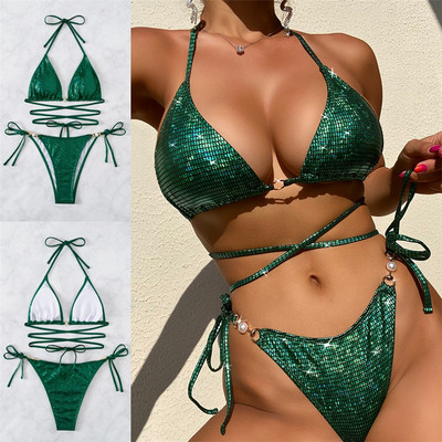 Costum de baie modern de dama din doua piese de culoare verde