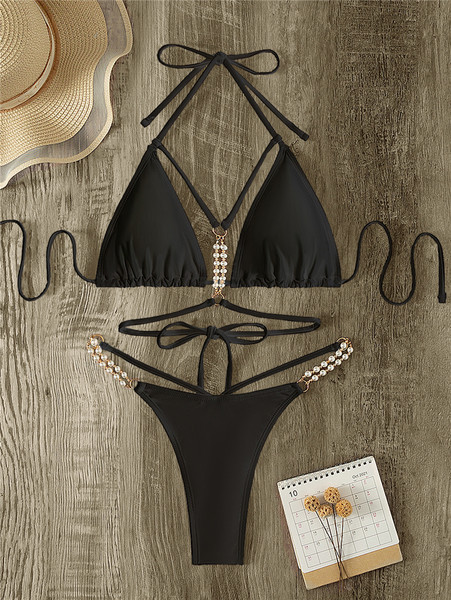 Ženski dvodijelni kupaći kostim s vezicama i biserima