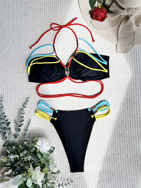 Moteriškas dviejų dalių maudymosi kostiumėlis su raišteliais, naujas modelis