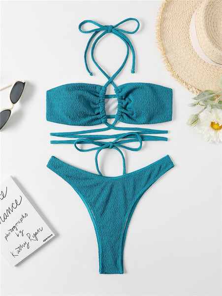 Moderan ženski kupaći kostim sa vezicama u plavoj boji