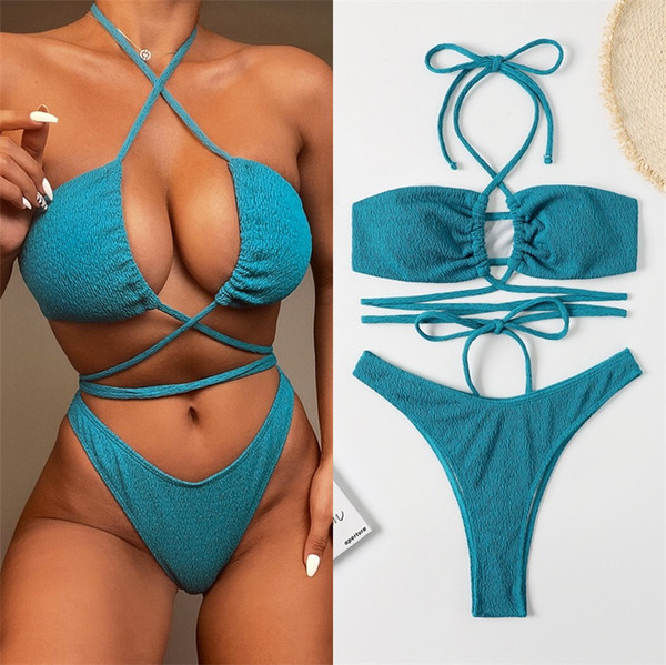 Moderan ženski kupaći kostim sa vezicama u plavoj boji