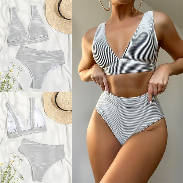 Ženski prugasti dvodijelni kupaći kostim s V-izrezom