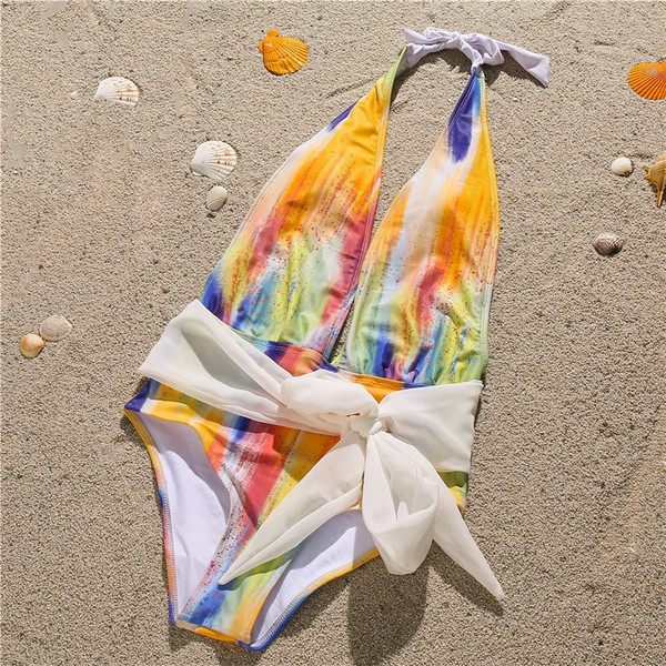 Ženski jednodijelni kupaći kostim s dubokim dekolteom i trakom