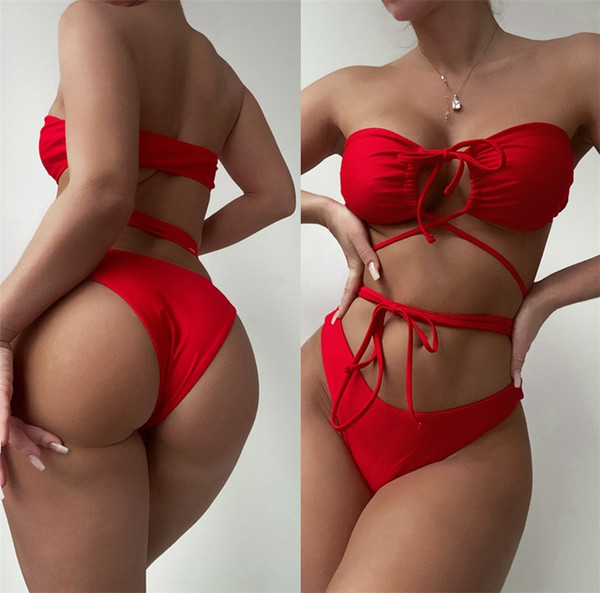 Γυναικείο μαγιό με κορδόνια σε κόκκινο χρώμα