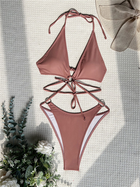 Ženski jednodijelni kupaći kostim s izrezima - smeđe boje