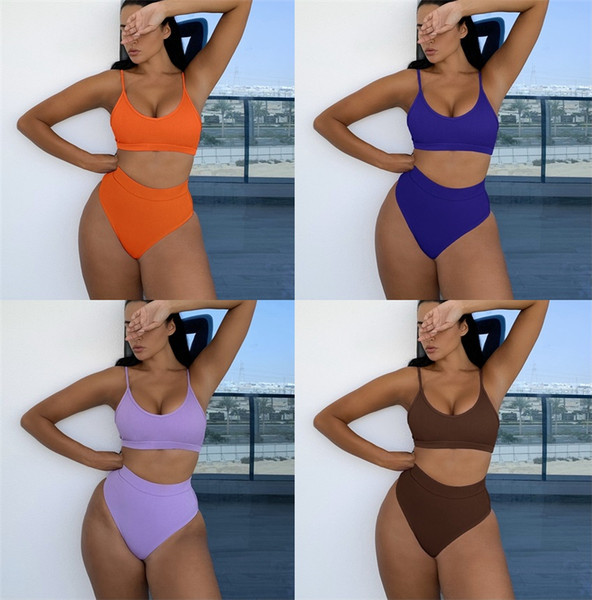 Ženski dvodijelni kupaći kostim na pruge visokog struka