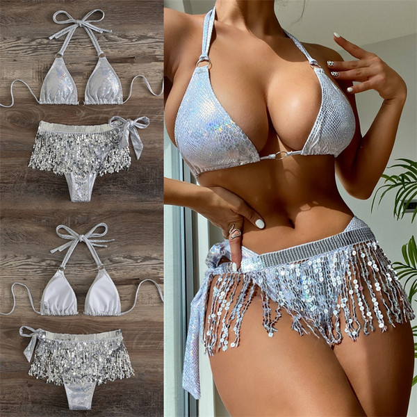 Madingas dviejų dalių maudymosi kostiumėlis su blizgučiais ir kaklaraiščiais