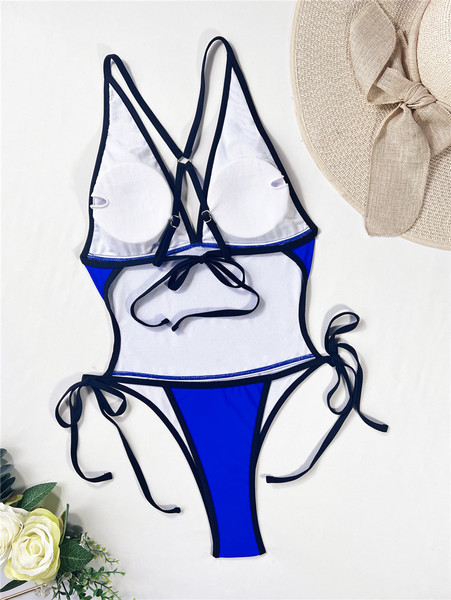 Ženski jednodijelni kupaći kostim s dubokim dekolteom i vezicama