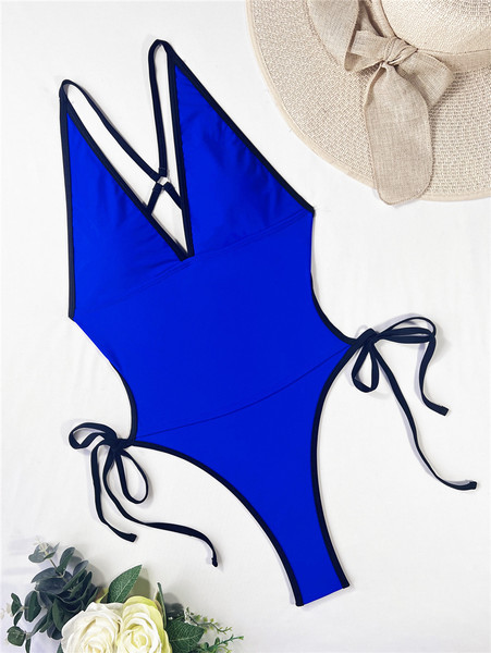Ženski jednodijelni kupaći kostim s dubokim dekolteom i vezicama
