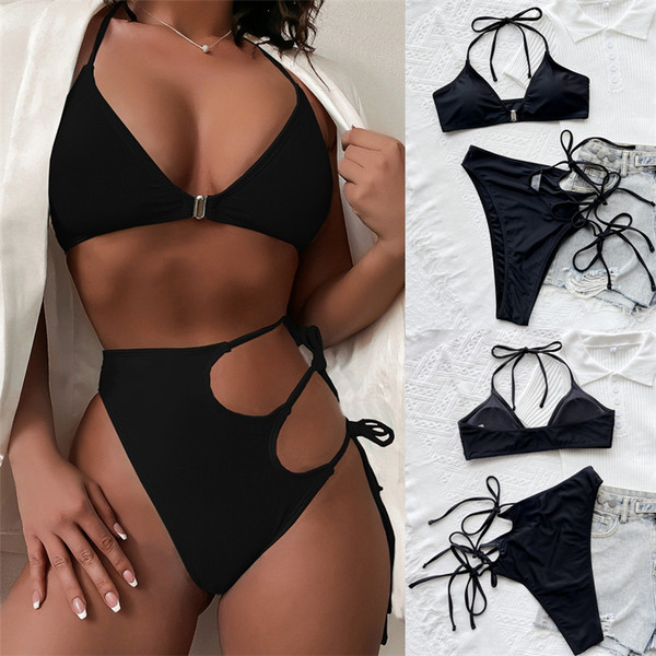 Γυναικείο μαύρο μαγιό  με κορδόνια με κομμένα μοτίβα