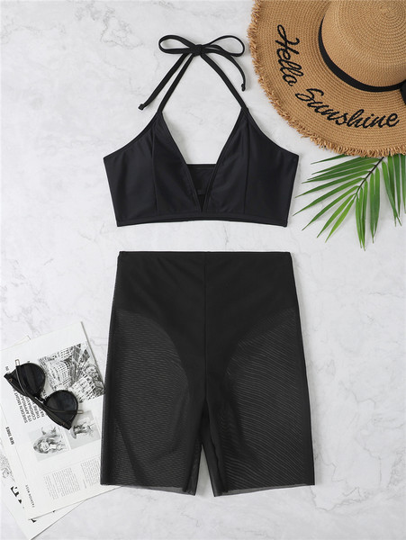 Ženski dvodijelni kupaći kostim s vezicama u crnoj boji