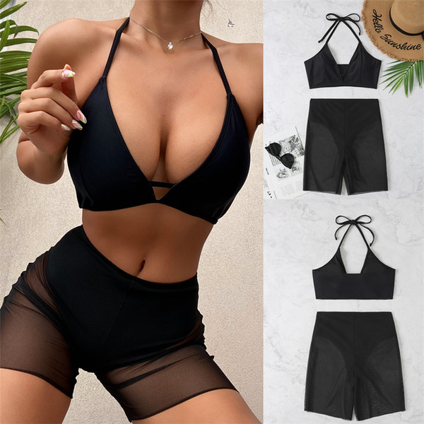 Ženski dvodijelni kupaći kostim s vezicama u crnoj boji