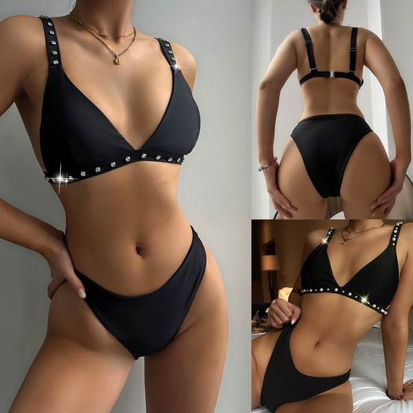 Moderan ženski kupaći kostim s kamenčićima i biserima - crne boje