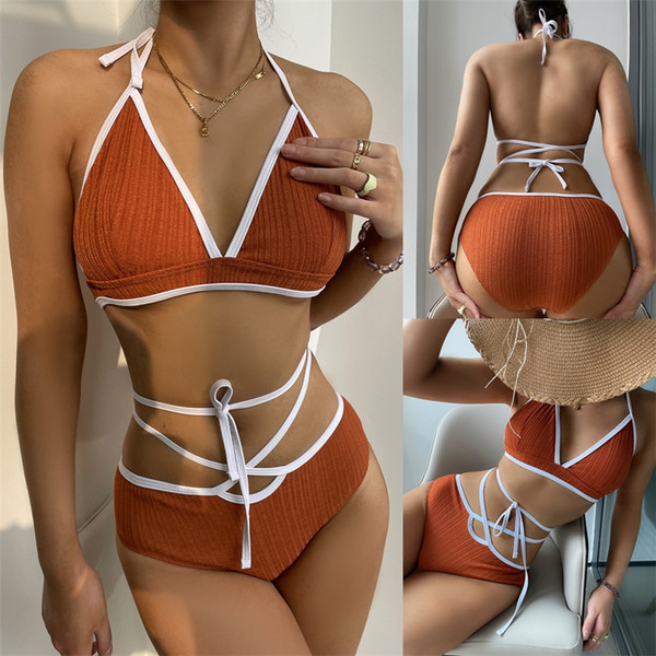 Costum de baie din două piese de damă, de culoare uni, cu șireturi