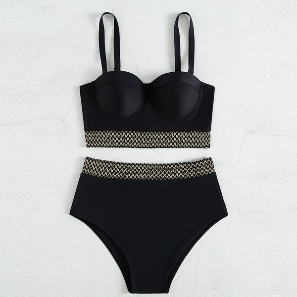 Νέο μοντέλο γυναικείο μαγιό μπουστάκι και μπικίνι με ψηλόμεσο - μαύρο χρώμα