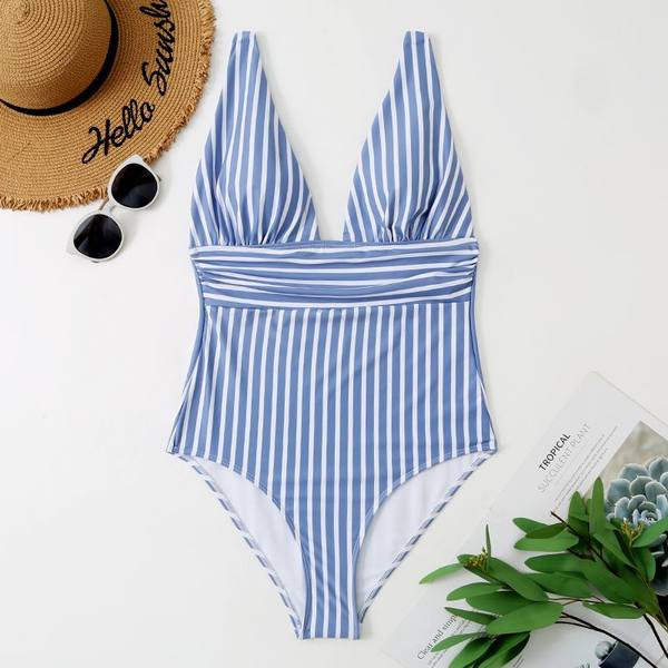 Ženski jednodijelni kupaći kostim na pruge s dubokim dekolteom