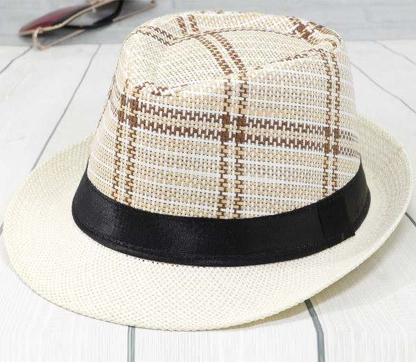 Мъжка карирана сламена шапка с периферия 