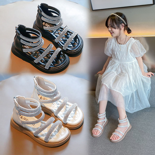 Детски сандали за момичета с камъни - закопчаване с цип