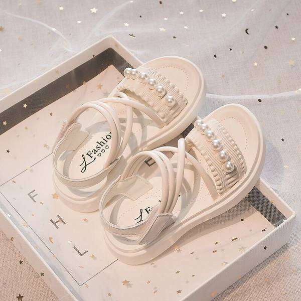 Детски сандали за момичета - с перли и велкро закопчаване