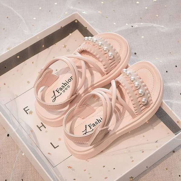 Детски сандали за момичета - с перли и велкро закопчаване
