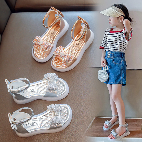 Детски сандали за момичета с панделка и камъни - в два цвята