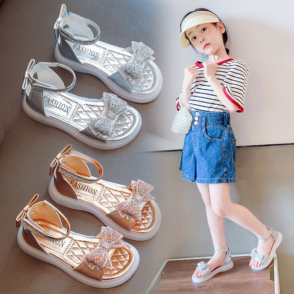 Детски сандали за момичета с панделка и камъни - в два цвята