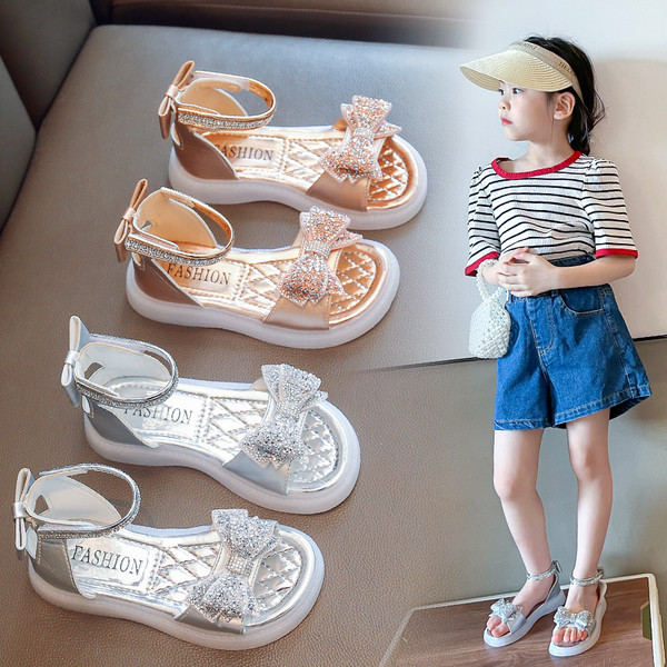 Детски сандали за момичета с панделка и камъни - в два цвята