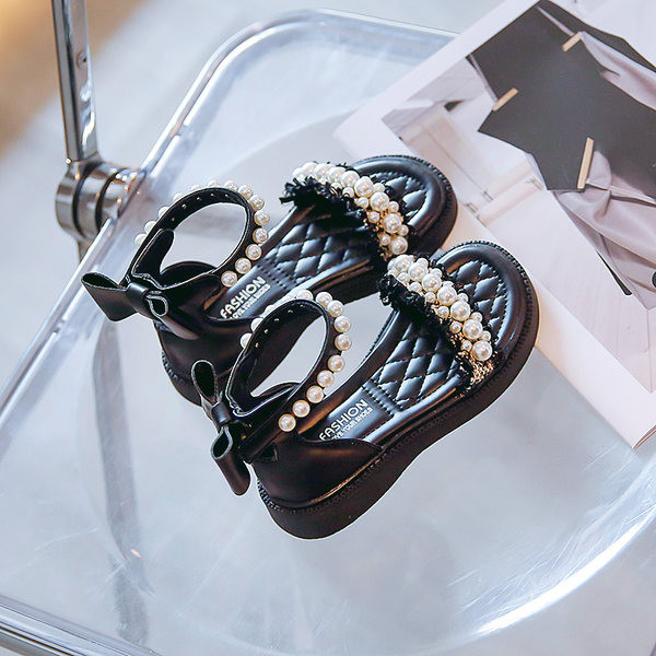 Сандали за момичета - с перли и панделка