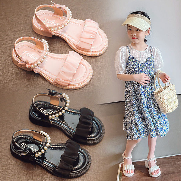 Сандали за момичета с перли и набрана каишка