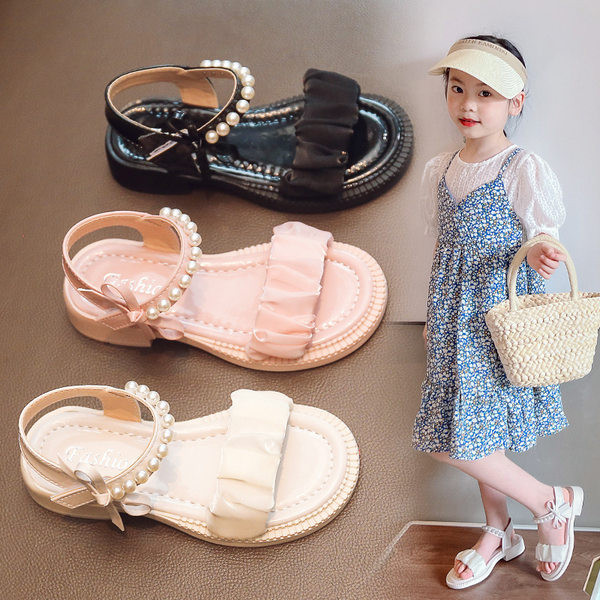 Сандали за момичета с перли и набрана каишка