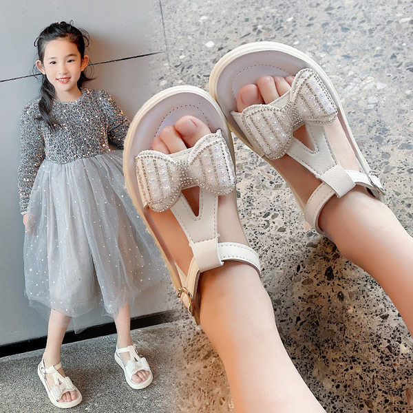 Детски сандали за момичета - с декорация панделка с камъни