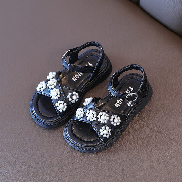 Детски сандали за момичета с перли - велкро закопчаване