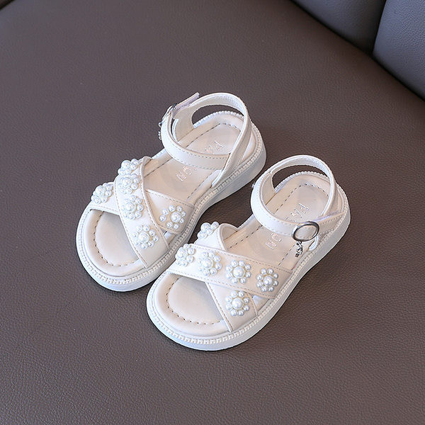 Детски сандали за момичета с перли - велкро закопчаване