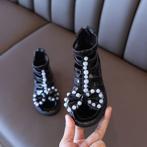 Детски сандали за момичета - с цип и панделка с перли