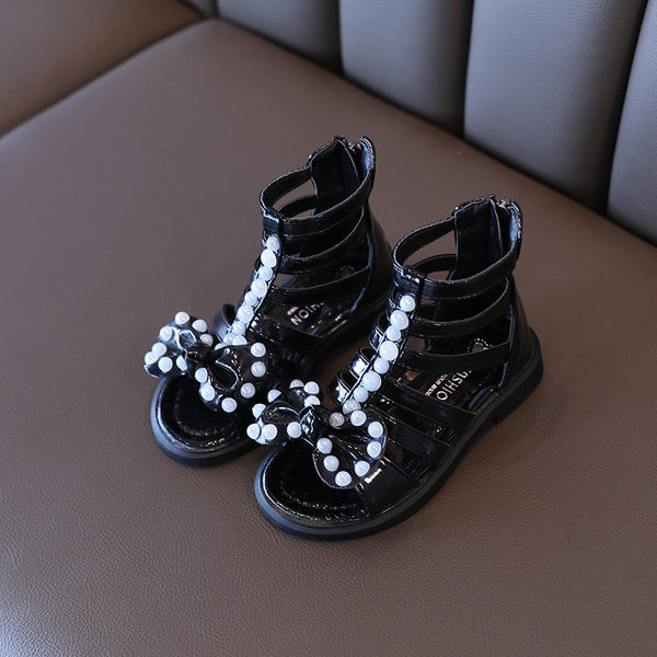 Детски сандали за момичета - с цип и панделка с перли