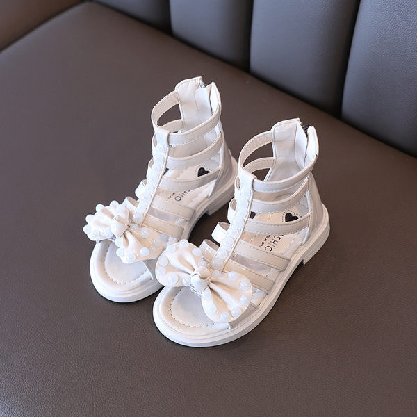 Детски сандали за момичета - с цип и панделка с перли