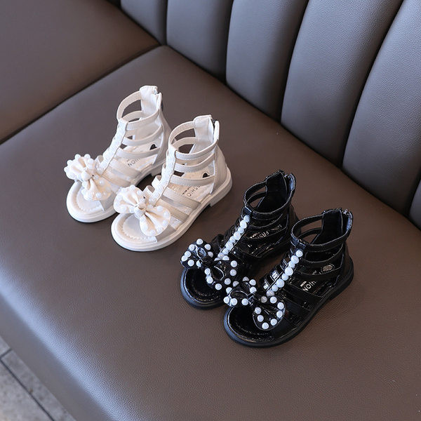 Детски сандали за момичета - с цип и панделка с перли