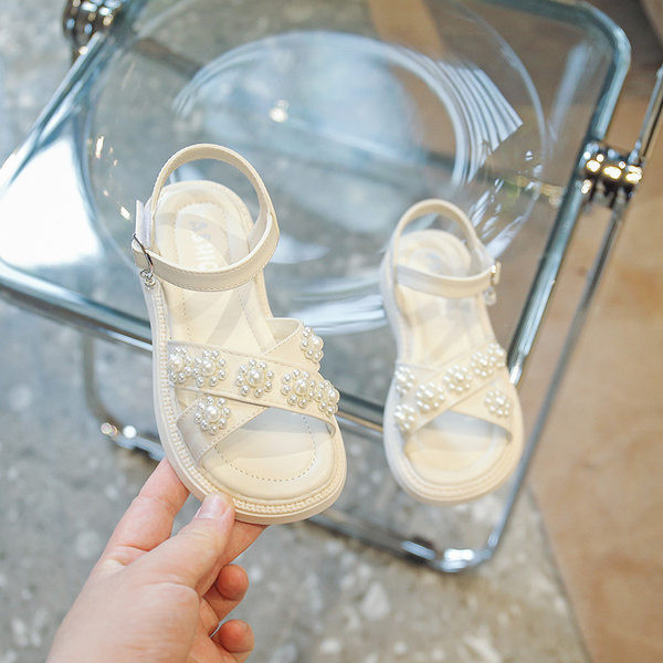 Сандали за момичета - с перли и велкро закопчаване