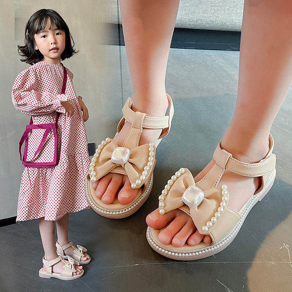 Сандали за момиче с панделка и декоративни перли
