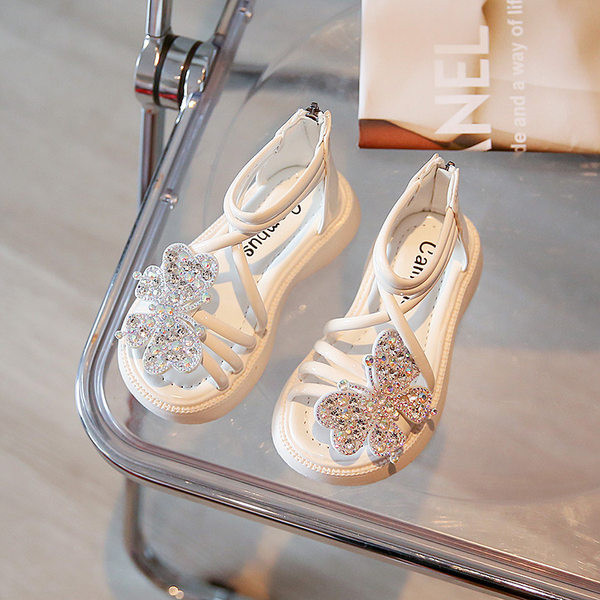 Детски сандали за момичета - с цип и декорация пеперуда с камъчета